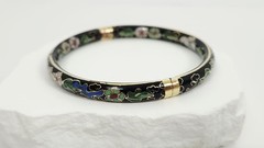 Vintage Chinese Black Cloisonné Enamel Bangle Bracelet Floral Hinged Gilt Brass