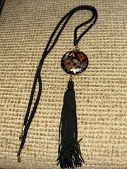 Vintage Asian Cloisonne Enamel Floral Butterfly Green Tassel Pendant Necklace
