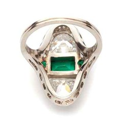Vintage & Antique Vivid Green Emerald With Fancy Cut White CZ 935 Silver Ring