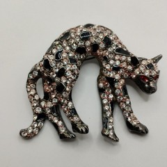 Vintage Rhinestone Black Cat Brooch Gothic Art Deco Pin