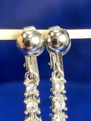 Vtg Silvertone 4 Rhinestone Linear Bezel Set Dangle Drop Clip On Estate Earrings