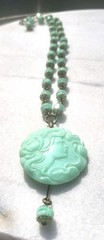 VINTAGE ART NOUVEAU LADY CAMEO URANIUM PENDANT GLASS BEAD NECKLACE SET OOAK GLOW