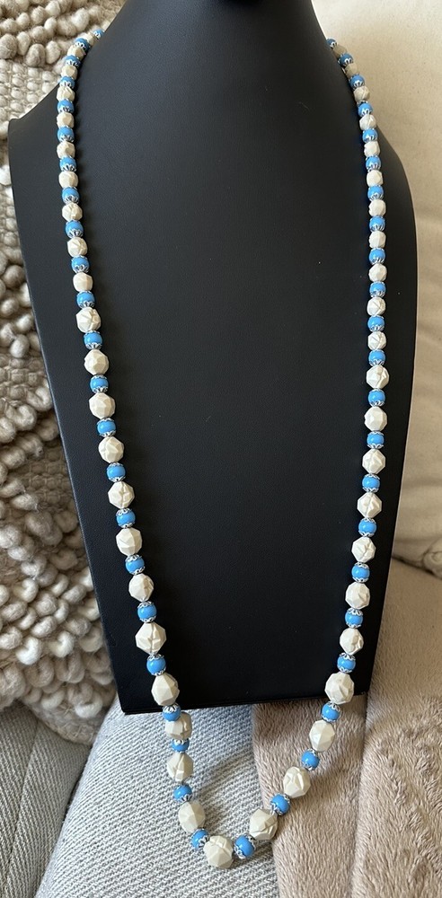 Vintage Blue Plastic & Faux Stone Lucite Bead Long Necklace Jewelry 40”