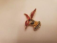 Hummingbird Brooch Features Gold-Tone Finish With Red And Black Enamel Detailing
