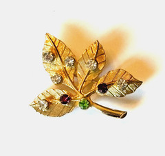 VTG Anson Rhinestone Leaf Brooch Pin Gold Tone Signed Multi Color Garden Nature