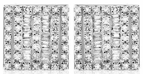 .34CT DIAMOND 14KT WHITE GOLD 3D ROUND & BAGUETTE MULTI ROW SQUARE STUD EARRINGS