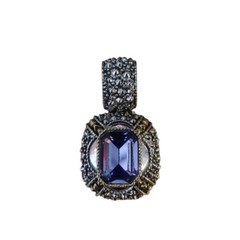 Emerald Cut Purple Glass Stone Pendant Silver tone Gold Accent Pearl Enhancer