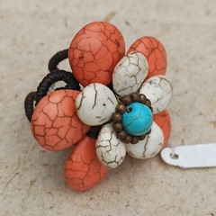 Bohemian Chunky Ring 3d Flower White Turquoise & Orange Gemstone Natural New