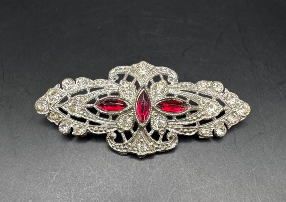 Vintage Art Deco Silver Tone Filigree Red Glass Rhinestone Bar Brooch Pin