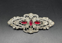 Vintage Art Deco Silver Tone Filigree Red Glass Rhinestone Bar Brooch Pin