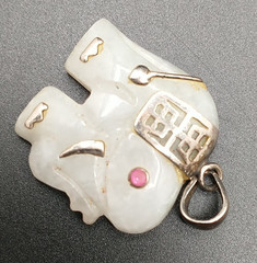 Vintage Jade Elephant Pendant Sterling 925A Fu Good Luck Symbol Faceted Pink Eye