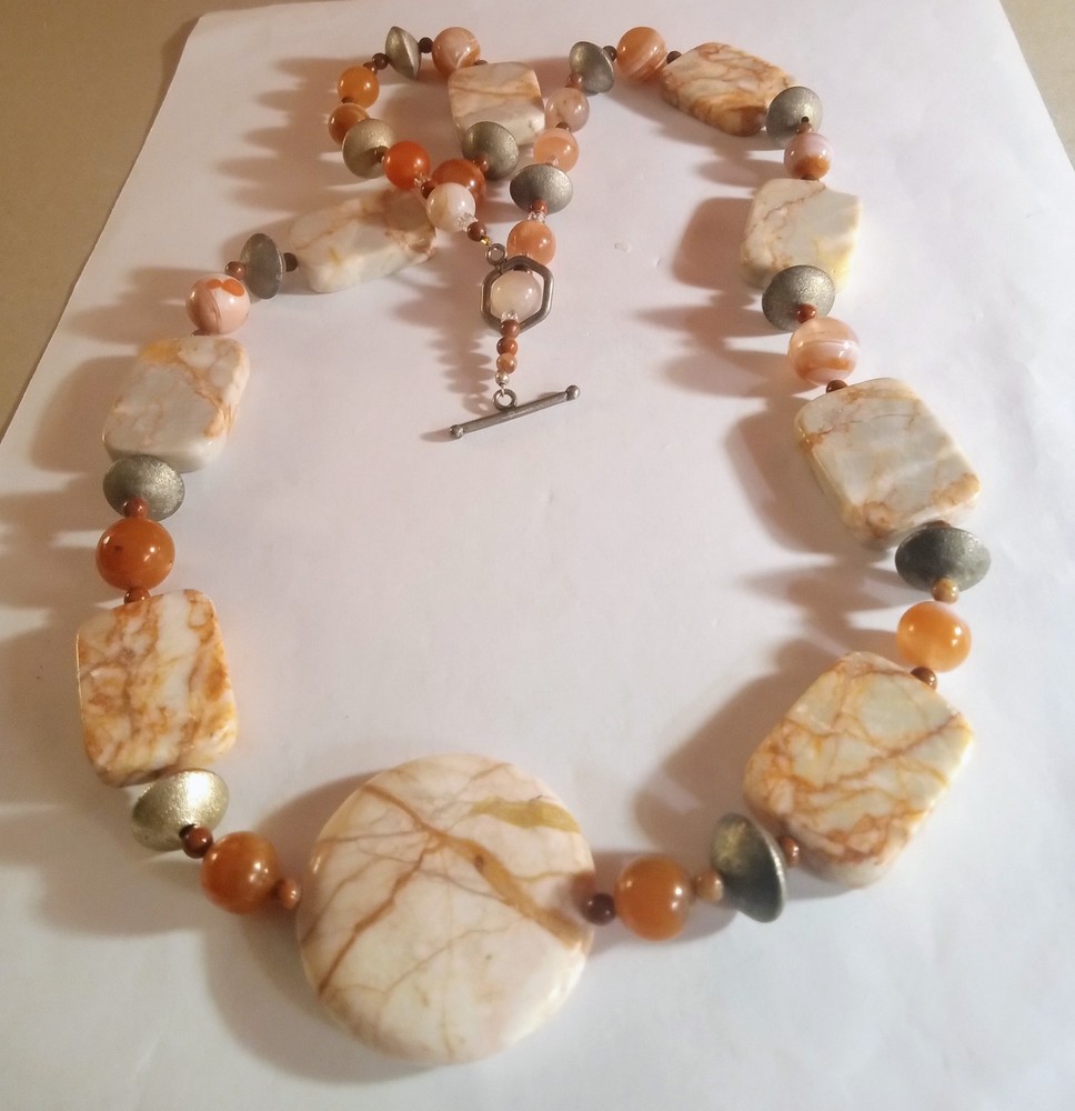 VTG Chunky Statement Stone And Metal Necklace Cream And Orange Colored Stones