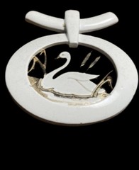 Vintage White Enamel Swan Pendant GoLid Tone Oval, Cut Out Scenic Charm Necklace