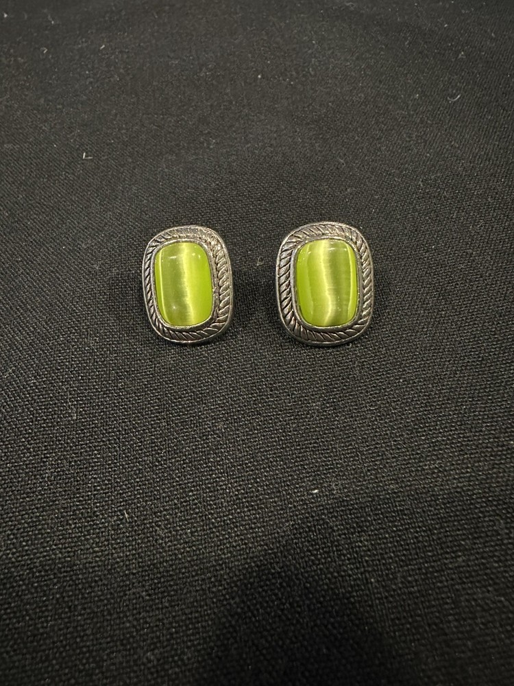 Beautiful Vintage Filigree Silver-Toned with Lime Green Cats Eye Cabochon Stones