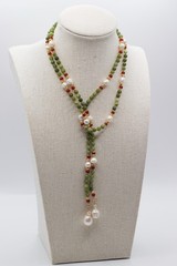 Green Aventurine & White Pearl Lariat Necklace Gold Baroque Pearl Kundan Sautoir