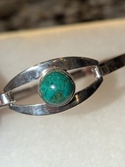 925 Israel Sterling Silver 6.75″ Antique Chrysocolla Tension Bangle Bracelet