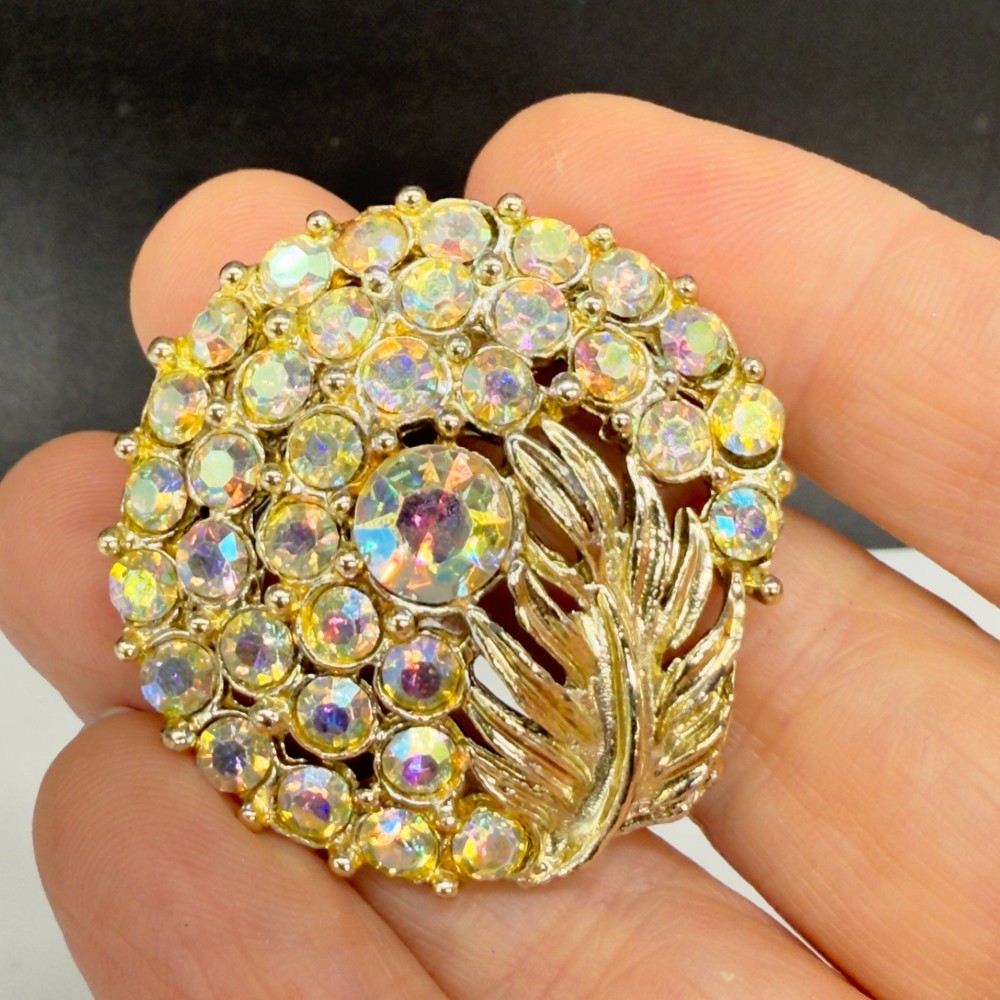 Vintage Brooch Gold Tone Feather AB Rhinestone Flower 1.5 Inches
