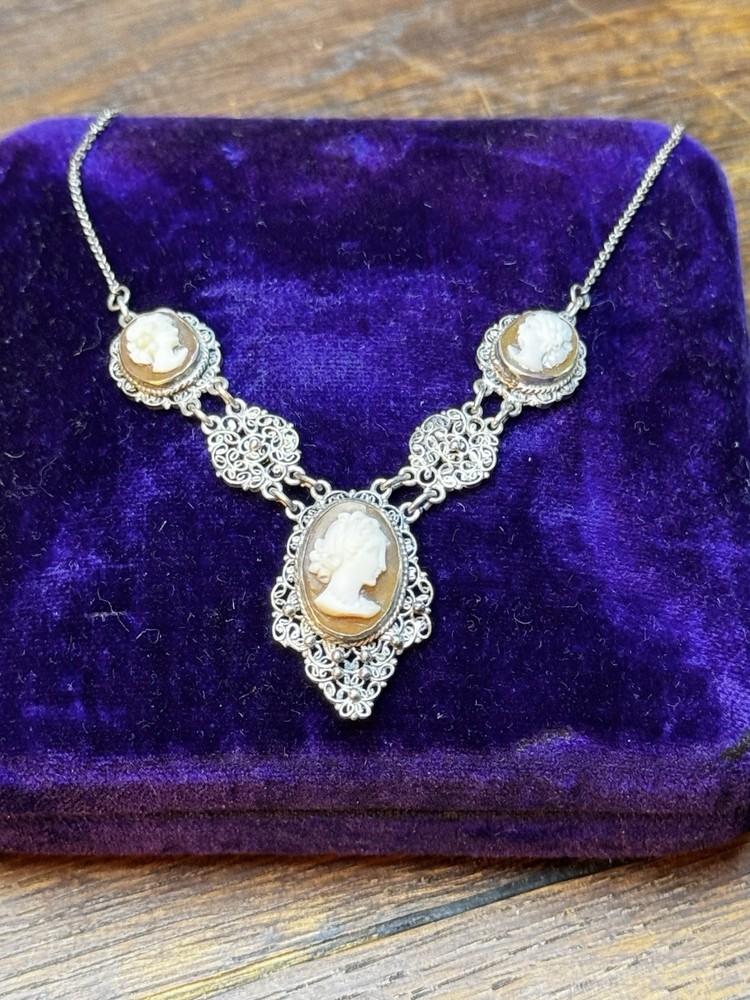 Antique Cameo Necklace “Italian” Filigree 16.5” 800 Silver