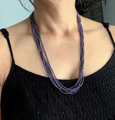 Natural Nepal Glass Seed Bead Multi Strand Necklace. Iridescent Peacock Blue 22″