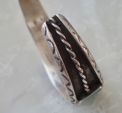 Heavy Inlay Channel Set TURQUOISE ZUNI Stamped STERLING Silver Overlay BRACELET
