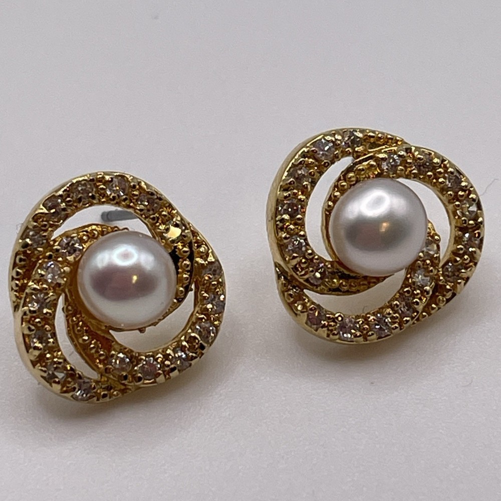Earrings Vintage Rhinestone Faux Pearl Knot Gold Tone Metal Stud Jewelry