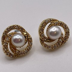 Earrings Vintage Rhinestone Faux Pearl Knot Gold Tone Metal Stud Jewelry