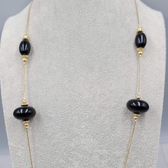 Vintage Station Black Bead Necklace Gold tone Chain Long 30″