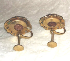 Vintage Screwback Goldtone Copper Glitter Cabochon Earrings Old Estate Jewelry