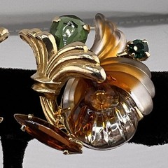 Vintage Edlee Molded Glass Gold Tone Green Amber Rhinestone Chunky Earrings