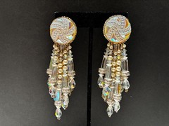 Glamorous Signed Chipita Simulated Pearl Cut AB Crystal Bead Clip-on Earrings