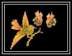 VINTAGE SWOBODA BIRD BROOCH And EARRINGS PERIDOT And CORAL
