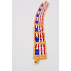 Vintage American Flag Beaded Bracelet Red White Blue USA Gold Woven 1990s Bin4