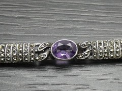 Vintage Sterling Silver Unique Oval Purple Stone Marcasite Bar Brooch Pin