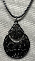 Vintage Gothic Silvertone Scrollwork Teardrop Pendant On Cord Necklace