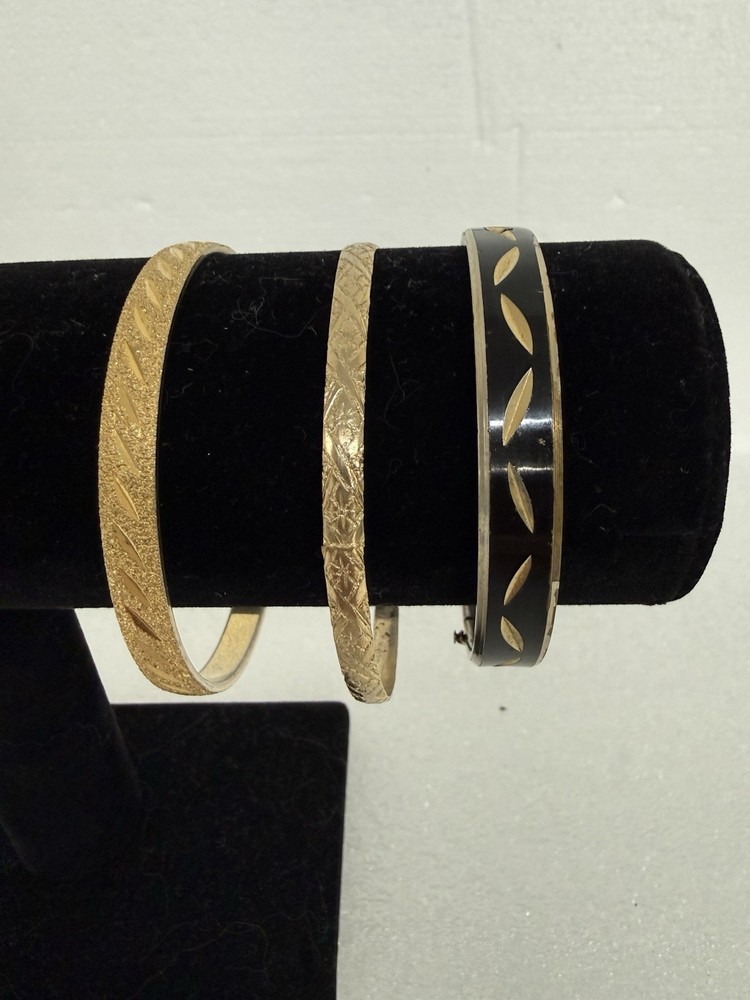 Vintage Lot 3 Piece Gold Tone Bangle Bracelets 1 Signed Monet, Etched Geometric