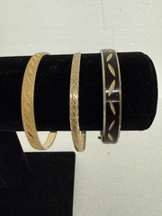 Vintage Lot 3 Piece Gold Tone Bangle Bracelets 1 Signed Monet, Etched Geometric
