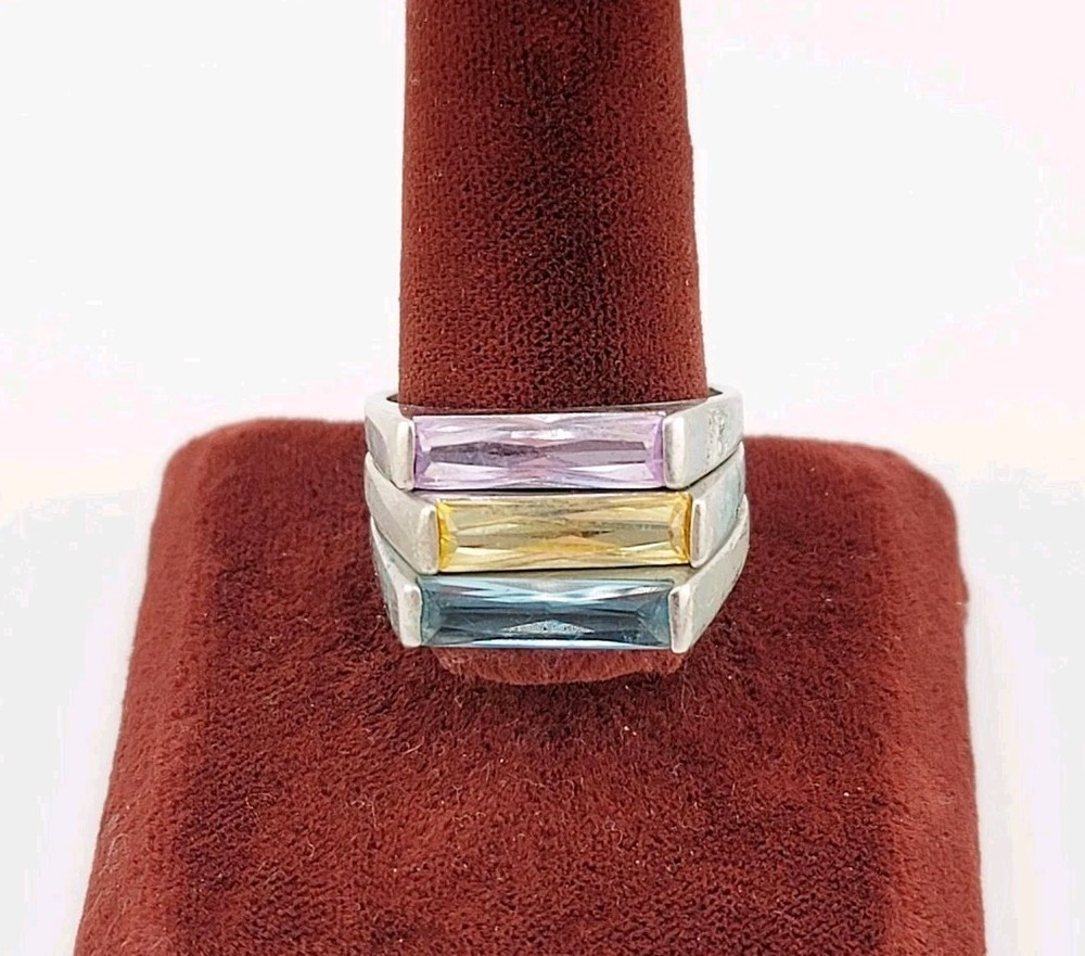 Vtg Ring Set 3pc Sz 6 Multi-color Matching Cubic Zirconia Stackable Jewelry