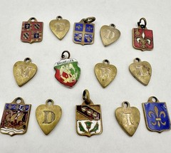 Antique Old VTG 14 Personalized Charms Brass? Mixed Metal Enamel Pendants Read