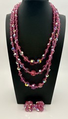 Vintage Pink Aurora Borealis Crystal Bead 3 Strand Necklace Clip Earrings Set