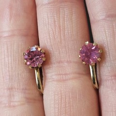 Vintage 60s Pink Topaz Rhinestone Huggies Gold Tone Earrings Screwback