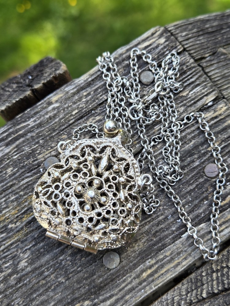 Vintage Arthur Pepper Purse Necklace Pendant Silver Tone Filigree Mini