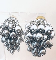 Vintage Silver tone Clustered Heart Pods Post Earrings Plastic Pierced Ears