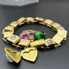 Czech Glass & Faux Opal Heart Locket, Vintage Mix Victorian Book Chain Bracelet