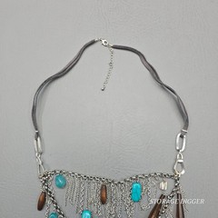 VTG Turquoise And Brown Crystals Silver Chains Leather Cord Necklace 30″ Long