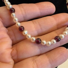 Vintage Rice Pearls & Almandine Garnet Gemstones Beaded Necklace & Bracelet Set