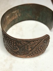 Art Nouveau Style Vintage Solid Copper Cuff Bracelet With Grapes & Leaves Design