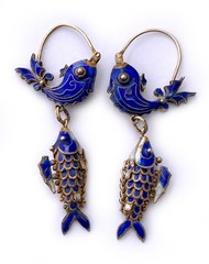Blue Cloisonne & Vermeil Koi Fish Charm Bracelet and Hoop Earrings: China Export