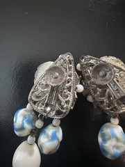 Vintage Signed Miriam Haskell Blue & White Oval Glass Bead Filigree Clip-Ons