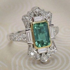 Vintage Art Deco Emerald Lab-Created Diamond Proposal 14K White Gold Finish Ring
