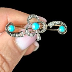 1800s Antique Victorian Turquoise Diamond 14K Gold Silver Topped Shamrock Brooch